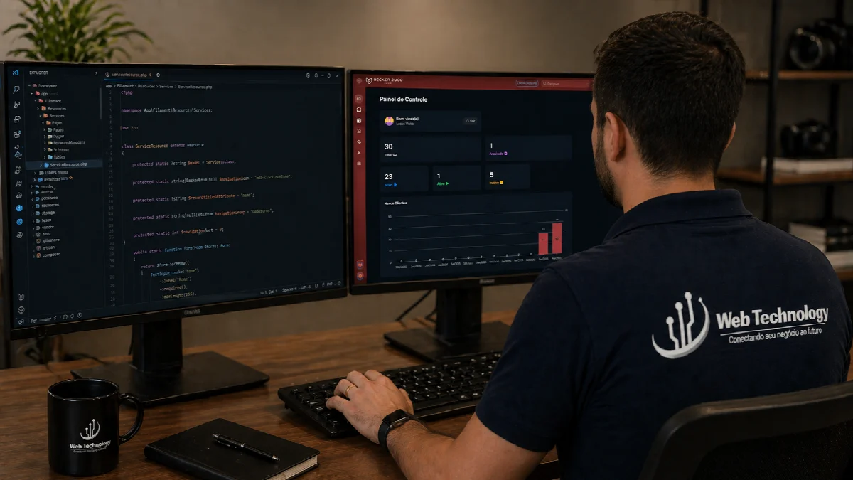 Profissional da WebTechnology desenvolvendo software em uma estação com dois monitores.
