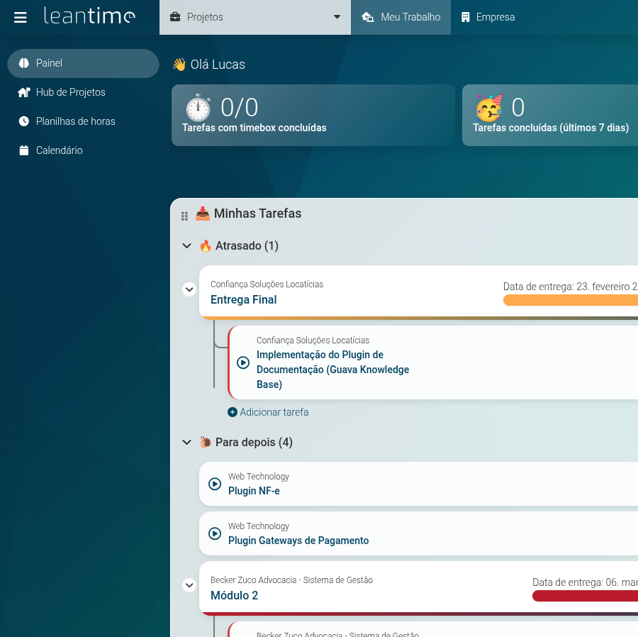 Tela de trabalho para gerenciamento de projetos